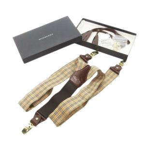 Y型サスペンダー クリップエンド レザーエンド ファブリック ノバチェック ベージュ ブラウン