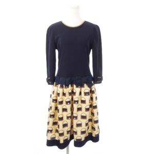 ドッキングワンピース ロング 七分袖 ニット 切替 リボン ライン バッグ柄 総柄 大きいサイズ 42