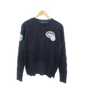 ケーブル ニット セーター クルーネック コットン 長袖 ワッペン 飛行機 ロゴ M 紺 ネイビー /MN24