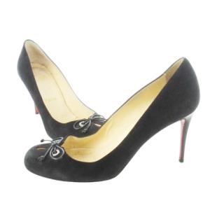 Christian Louboutin パンプス ピンヒール ラウンドトゥ スエード 切替 レザー 革 リボン 36 23.0cm 黒 ブラック