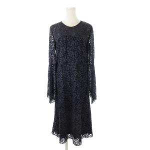 総レースワンピース ひざ丈 長袖 フレアスリーブ ビスチェデザイン 44 M 紺 ネイビー /CK9 GY18