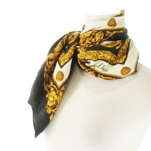 Christian Dior スカーフ スクエア シルク 絹 オリエンタル 総柄 ロゴ 黒 ブラック 黄 イエロー /CK28 GY17
