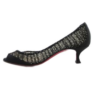 Christian Louboutin パンプス ピンヒール オープントゥ サテン シアー ドット柄 切替 36.5 黒 ブラック 白 ホワイト