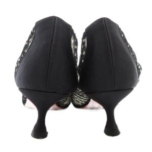 Christian Louboutin パンプス ピンヒール オープントゥ サテン シアー ドット柄 切替 36.5 黒 ブラック 白 ホワイト