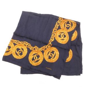 CHANEL 大判 ストール スカーフ ココマーク シルク ネイビー