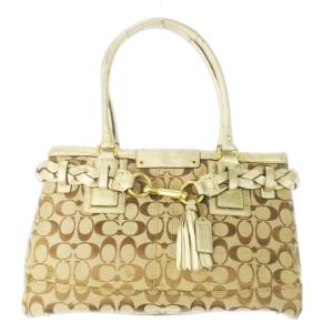 ハンドバッグ キャンバス レザー 革 シグネチャー ハク メタリック ロゴ型押し タッセル ベージュ F13068