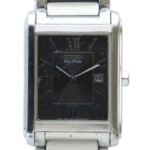 腕時計 ウォッチ エコドライブ ソーラー カレンダー付き ロゴ 黒文字盤 シルバー色 E011-S045193
