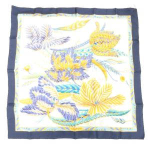 大判 スカーフ ストール 花柄 絹 シルク ロゴ 総柄 青 ブルー /JS GY11