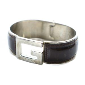 バングル ブレスレット アクセサリー Gロゴ 刻印 エナメルレザー 茶 ブラウン シルバー色 GY11