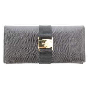 ヴァラ 長財布 二つ折り リザード 型押し レザー リボン ゴールド金具 黒 ブラック /UO