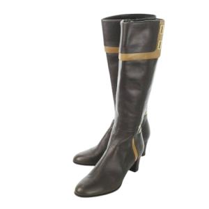 ロングブーツ ジョッキーブーツ レザー 革 切替 配色 バイカラー ワンポイントメタリック 24 茶 ブラウン