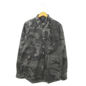 ボタンダウンシャツ 長袖 コットン ロゴ刺繍 カモフラ 迷彩柄 L グレー /MN13 GY18