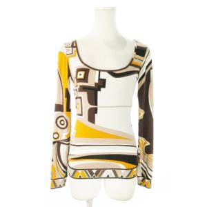 カットソー デコルテ 長袖 ストレッチ プッチ柄 総柄 小さいサイズ XS 茶 ブラウン /AO23 GY11