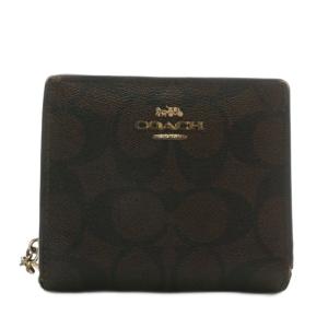 財布 二つ折り PVC レザー シグネチャー 総柄 ロゴ ゴールド金具 茶色 ブラウン C3309 /XZ