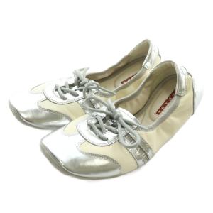 スニーカー バレエシューズ レザー スクエアトゥ レースアップ ロゴ 36.5 23.5cm シルバー色