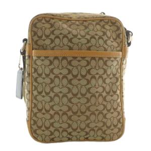 COACH ショルダーバッグ キャンバス レザー シグネチャー 総柄 ロゴ シルバー金具 ベージュ 茶色 ブラウン