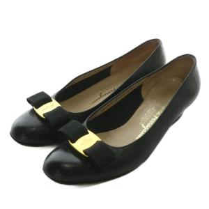 ヴァラリボン パンプス レザー ラウンドトゥ ローヒール ロゴ 5.5 22.5cm 黒 ブラック /XZ