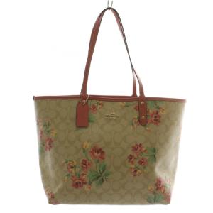 トートバッグ ハンド PVC レザー シグネチャー 花柄 総柄 ロゴ ゴールド金具 ベージュ ピンク /XZ