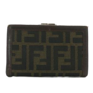 FENDI 財布 二つ折り がま口 キャンバス レザー ズッカ柄 茶色 ブラウン カーキ /XZ GY11