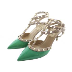 サンダル スタッズ ピンヒール ポインテッドトゥ レザー ロゴ 36 23cm ベージュ 緑 グリーン