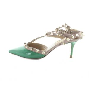 VALENTINO GARAVANI サンダル スタッズ ピンヒール ポインテッドトゥ レザー ロゴ 36 23cm ベージュ 緑 グリーン