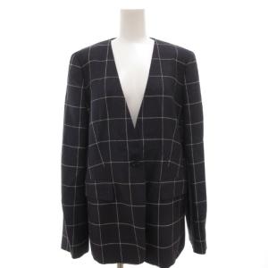白タグ ノーカラー ジャケット チェック 格子柄 ウール シルク リネン 46 紺 ネイビー 白 ホワイト