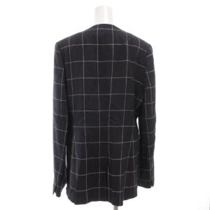 Max Mara 白タグ ノーカラー ジャケット チェック 格子柄 ウール シルク リネン 46 紺 ネイビー 白 ホワイト