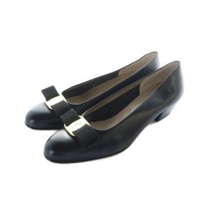 ヴァラ パンプス チャンキーヒール ロゴ リボン レザー 6 23.5cm 黒 ブラック GY40 /MQ