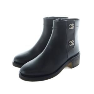 CHANEL ショートブーツ レザー ココマーク ターンロック 35 ブラック