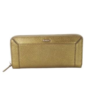 長財布 ロングウォレット 小銭入れあり ラウンド レザー 革 ロゴプレート メタリック ブロンズカラー