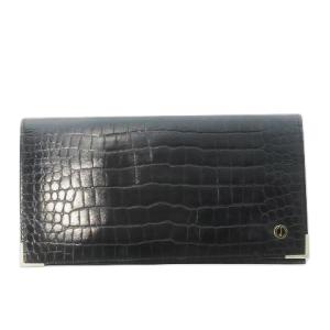 長財布 ロングウォレット 小銭入れなし 札入れ 薄型 レザー 革 クロコ型押し ロゴ 黒 ブラック /CK30