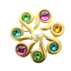 ヴィンテージ ピンブローチ アクセサリー カラーストーン ビジュー フェイクパール ゴールドカラー 金色