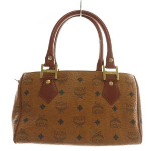 MCM ミニボストンバッグ ハンド ショルダー 2WAY レザー ヴィセトス柄 総柄 ロゴ ゴールド金具 茶色