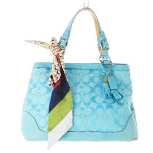 ハンドバッグ キャンバス レザー 革 スエード シグネチャー タッセル スカーフ付き 青 ブルー LO4M-6830