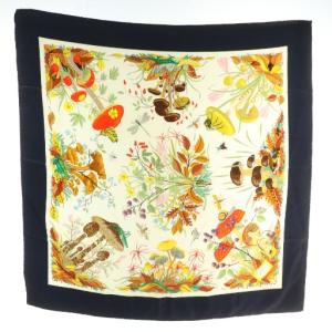 スカーフ 絹 シルク 大判 キノコ 花 落ち葉 昆虫 ロゴ 総柄 マルチカラー /XZ OH GY18