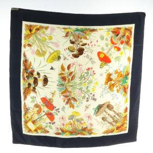 GUCCI スカーフ 絹 シルク 大判 キノコ 花 落ち葉 昆虫 ロゴ 総柄 マルチカラー /XZ OH GY18