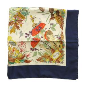 GUCCI スカーフ 絹 シルク 大判 キノコ 花 落ち葉 昆虫 ロゴ 総柄 マルチカラー /XZ OH GY18