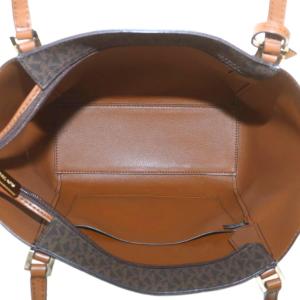 MICHAEL KORS トートバッグ ハンド PVC レザー MKシグネチャー 総柄 ロゴ ゴールド金具 茶色 ブラウン 白 ホワイト