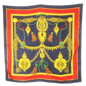 スカーフ スクエア 大判 シルク 絹 タッセル柄 ロゴ 紺 ネイビー 赤 レッド /CK22 GY18