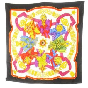 スカーフ スクエア シルク 絹 ロゴ 勲章 総柄 黒 ブラック /CK21 GY11