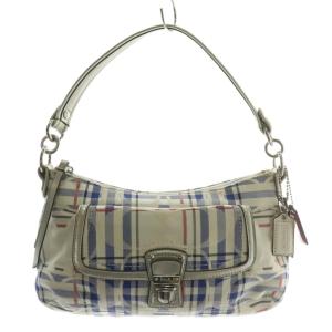 ハンドバッグ ショルダー 2WAY キャンバス レザー チェック柄 シグネチャー 総柄 白 ホワイト 青