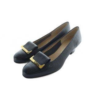 パンプス チャンキーヒール ラウンドトゥ ロゴ レザー ゴールド金具 6 23.5cm 黒 ブラック 64190