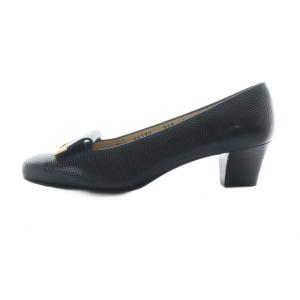 Salvatore Ferragamo パンプス チャンキーヒール ラウンドトゥ ロゴ レザー ゴールド金具 6 23.5cm 黒 ブラック 64190