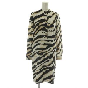 ワンピース 絹 シルク 長袖 ひざ丈 ゼブラ柄 総柄 36 S 黒 ブラック 白 ホワイト 茶色 ブラウン