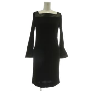 ワンピース スクエアネック レーヨン レザー 切替 長袖 羊革 ひざ丈 XS 黒 ブラック /XZ GY17