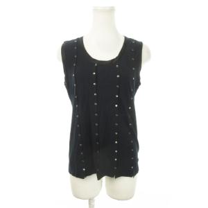 ヴィンテージ ノースリーブ カットソー ラウンドネック サテン 切替 スタッズテイスト S 紺 ネイビー