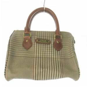 ハンドバッグ ミニボストンバッグ PVC レザー 千鳥柄 チェック ロゴプレート ブラシ付き 茶 ブラウン