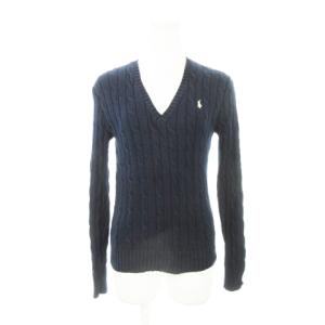 ケーブルニット セーター Vネック 長袖 ロゴ刺繍 コットン 小さいサイズ XS 紺 ネイビー /AH1