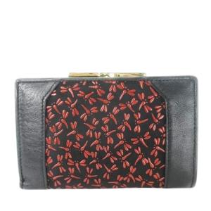 二つ折り財布 ウォレット 小銭入れあり がま口 レザー 革 ディアスキン 鹿革 漆 トンボ柄 小紋 黒