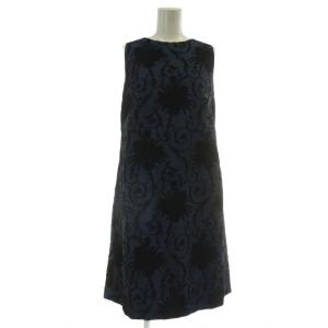 ワンピース ノースリーブ ひざ丈 ベロア 花柄 総柄 リボン 42 M 紺 ネイビー 黒 ブラック /XZ